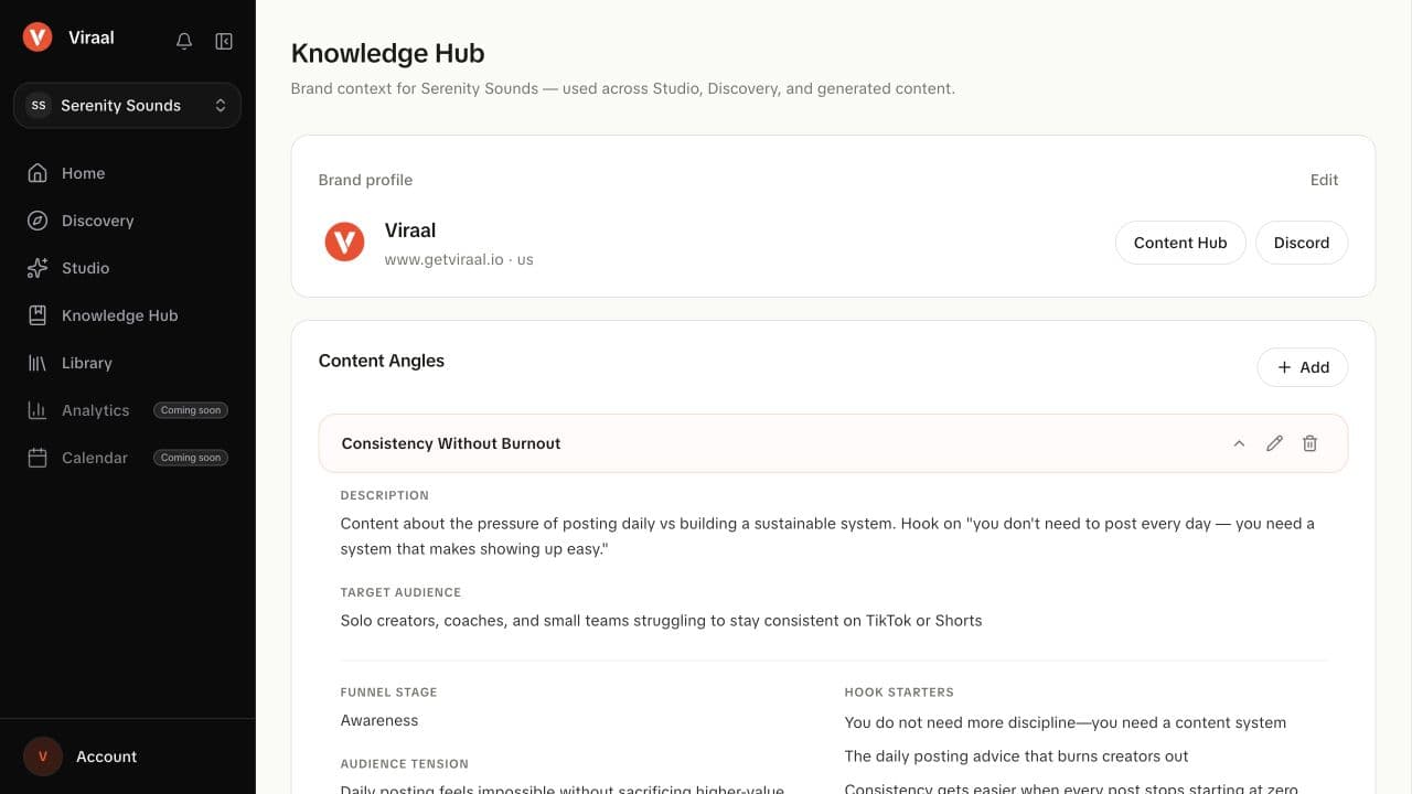 Viraal Knowledge Hub showing real product context and content angles
