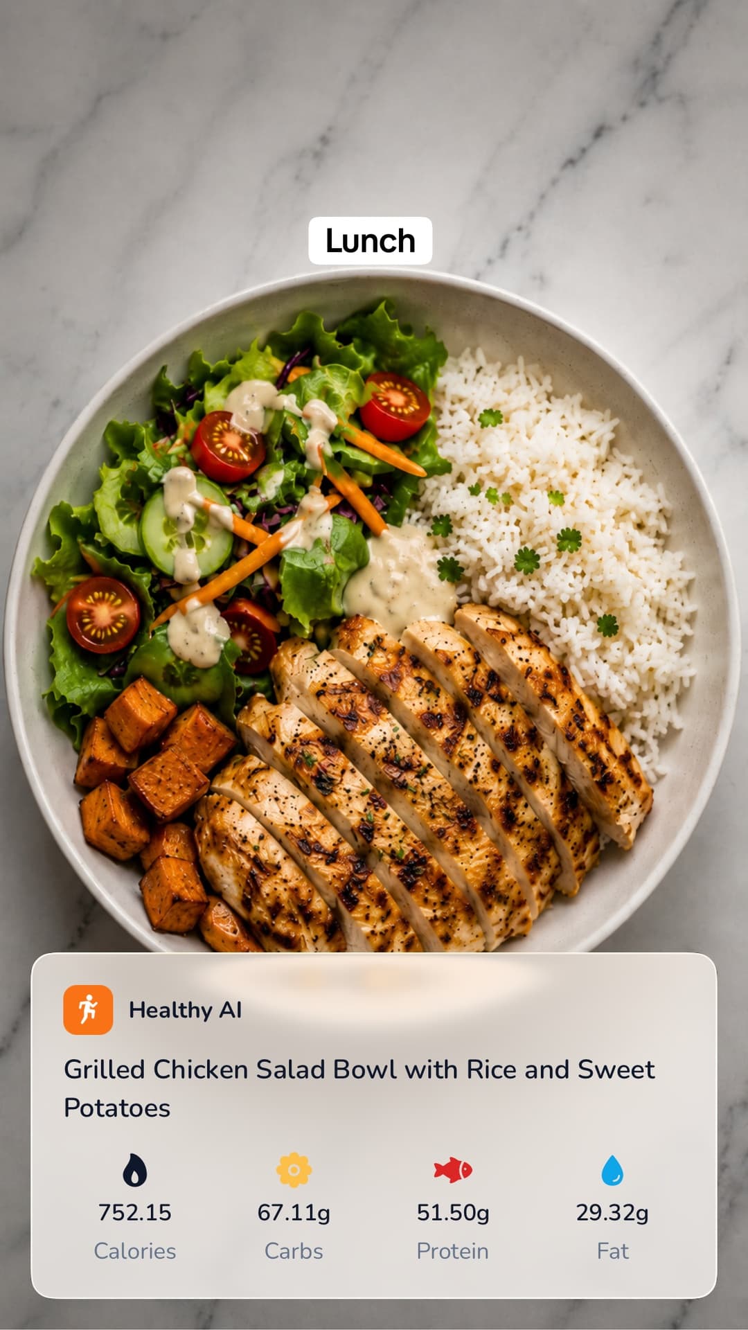 Lunch slide showing chicken, rice, salad and nutrition card.