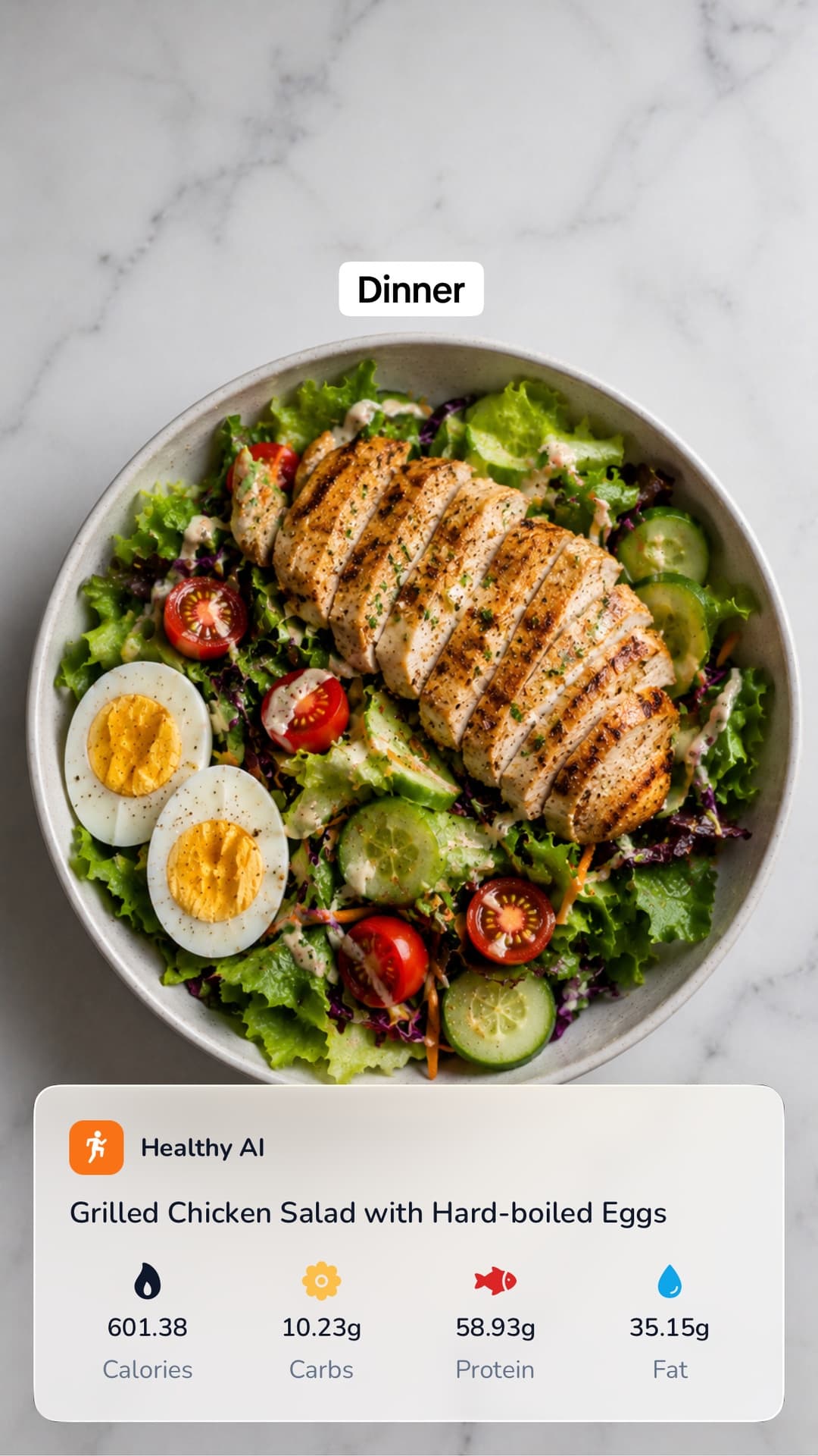Dinner slide showing chicken salad and nutrition card.