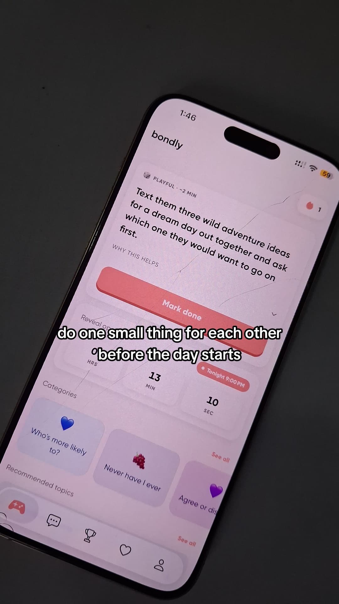 Second slide showing a couples prompt inside the Bondly app