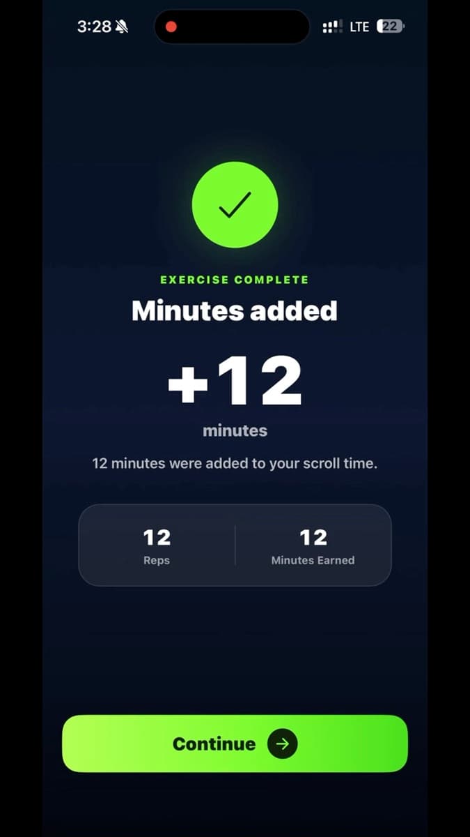Unscroll screen confirming twelve exercise minutes were added to scroll time.